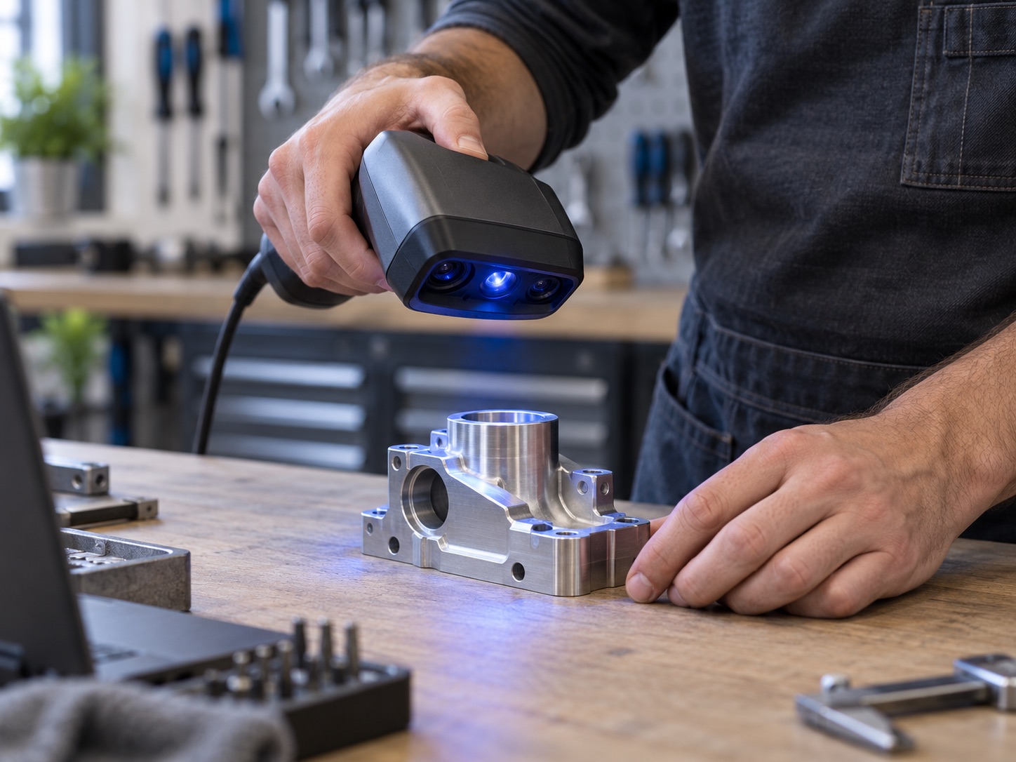 Technicien tenant un scanner 3D compact au-dessus d'une pièce en aluminium sur un établi d'atelier