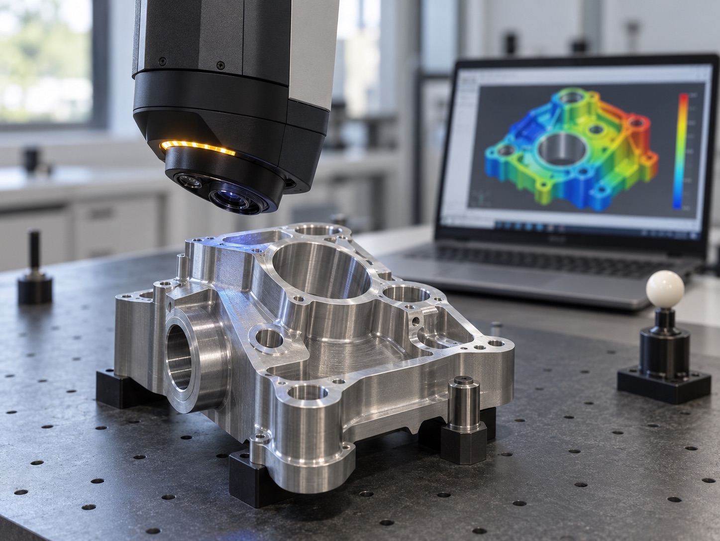 Pièce métallique de précision mesurée par une sonde de scan 3D, rapport de tolérances dimensionnelles affiché sur un écran en arrière-plan